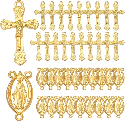 Miniatura 9 de 40 piezas de rosario de aleación tibetana con cruz y centro de María Milagrosa Medalla Jesús Crucifijo Crucifijo y eslabones ovalados de araña