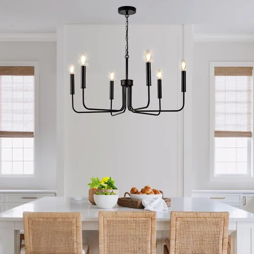 Miniatura 18 de Lámpara colgante estilo granja, luces colgantes negras para isla de cocina, luz colgante de metal industrial y madera vintage, lámpara de techo