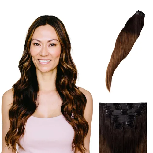 Miniatura 15 de BFB Hair Extensiones de cabello con pinzas para mujer, extensiones de cabello humano real, color castaño y rubio degradado bañado en miel, 21 Miel