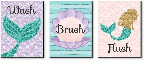 Big Dot of Happiness Let's Be Mermaids - Arte de pared con reglas de baño para niños, 7.5 x 10 pulgadas, juego de 3 letreros, lavado, cepillo,