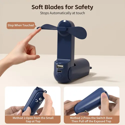 Miniatura 5 de Mini ventilador de mano, recargable por USB, 3 en 1, ventilador personal con cargador de batería, linterna LED, pequeño ventilador de bolsillo Azul