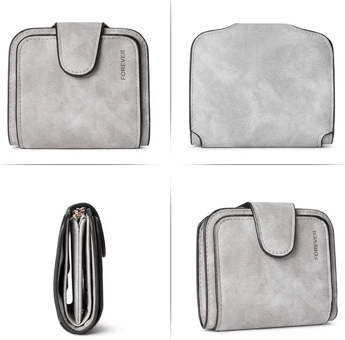 Miniatura 3 de KELEEL Cartera de cuero para mujer, monedero de embrague para tarjetas de crédito, soporte para monedas, plegable, Gris corto, Classic