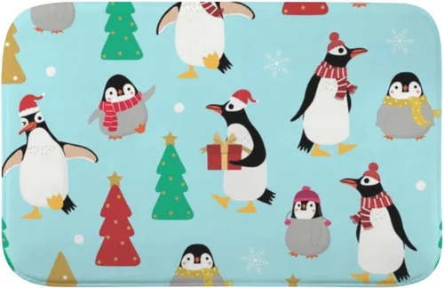 Cute Penguin in Christmas Costume Washable Rug 18X30in Bathroom Toilet Rugs Bath Matts Outside Door Mats Instant Dry Water Proof Anti Slip Patterned