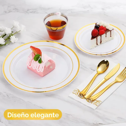Miniatura 3 de Juego de vajilla dorada de 700 piezas de Goodluck para 100 invitados, desechable para fiestas, incluye: 100 platos de cena con borde dorado, 100
