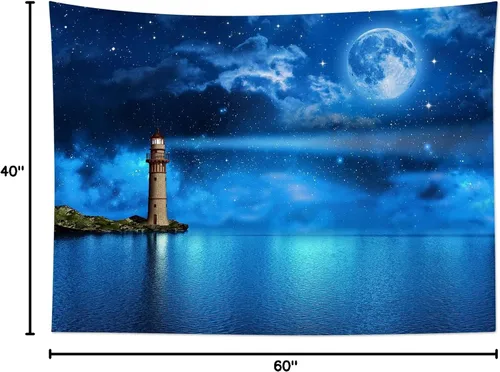 Miniatura 10 de HVEST Tapiz de luna y cielo nocturno para colgar en la pared, luna llena y galaxia estrellada con faro sobre el océano, tapiz colgante de pared
