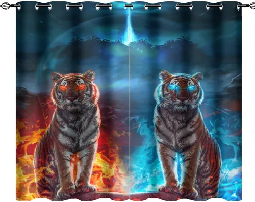 Miniatura 9 de Cool King of The Forest - Cortinas opacas con diseño de tigre anime, fantasía, animal, fuego, tigre, hielo, con ojales, ahorro de energía, 2