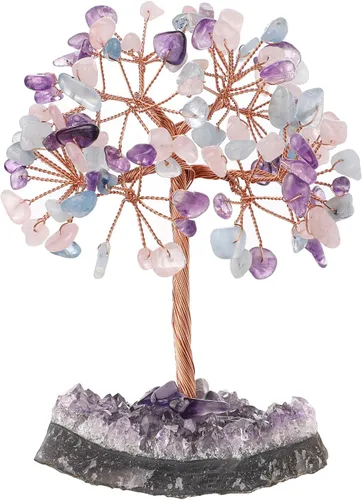 Miniatura 21 de mookaitedecor Árbol de cuarzo rosa natural, cuarzo de roca y cristal citrino con base de cristal de racimo de amatista, figuras de árbol de dinero