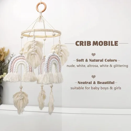 Miniatura 7 de Boho Baby Macramé Rainbow Boho Mobile - Regalo de ducha para recién nacido Arco iris+pluma