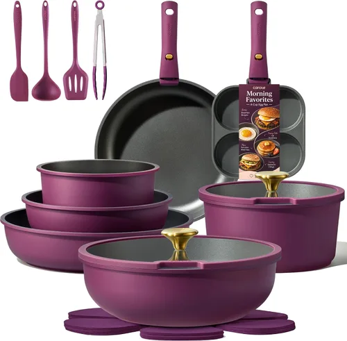 CAROTE Juego de 21 ollas y sartenes, juego de utensilios de cocina antiadherentes, mango desmontable, juegos de utensilios de cocina de inducción