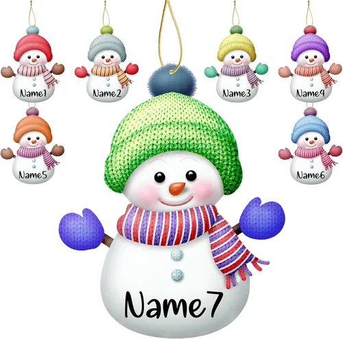 Miniatura 14 de Adornos de Navidad personalizados de muñeco de nieve, juego de adornos de Navidad de madera personalizados con nombres, decoraciones para colgar