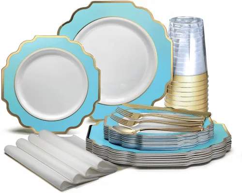 Miniatura 13 de Ocassions - Vajilla de 50-150-200 piezas para 25 invitados, color dorado E. Imperial Negro y Oro