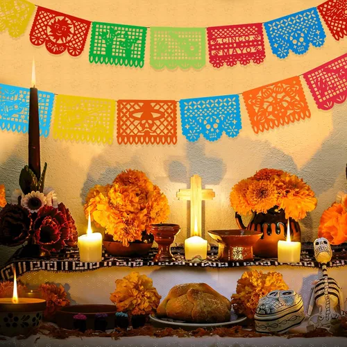 Miniatura 7 de 12 pancartas de fiesta mexicana de 180 pies grandes de papel picado, 10 patrones de plástico para fiesta de cinco de mayo, fiesta mexicana, día