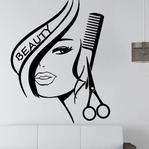 Aniversario Día de la Madre Moderna Moda Belleza Chica Corte Cabello con Tijeras Peine Peluquería Peluquería Vinilo Vinilo Arte Mural (DIY 22.04 x