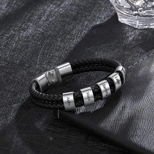 Miniatura 5 de Pulsera trenzada negra personalizada para hombre, pulsera personalizada con 1-8 cuentas personalizadas, nombres de la familia, joyería para hombres