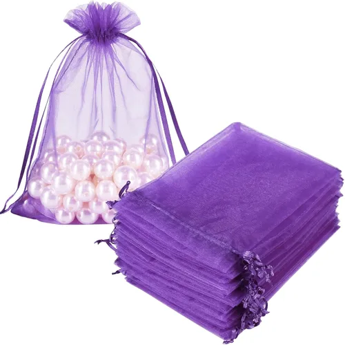 Miniatura 12 de HRX Package 100 bolsas de organza doradas, 5 x 7 pulgadas, malla con cordón, bolsas de regalo, bolsas de joyería para dulces de Navidad, recuerdos