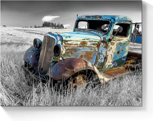 SunFlax Arte de Lienzo de Pared de Carro Oxidado: Obra de Arte de Camión Azul Viejo Cuadro Rústico de Automóvil Pintura Vintage de Campo Antigua