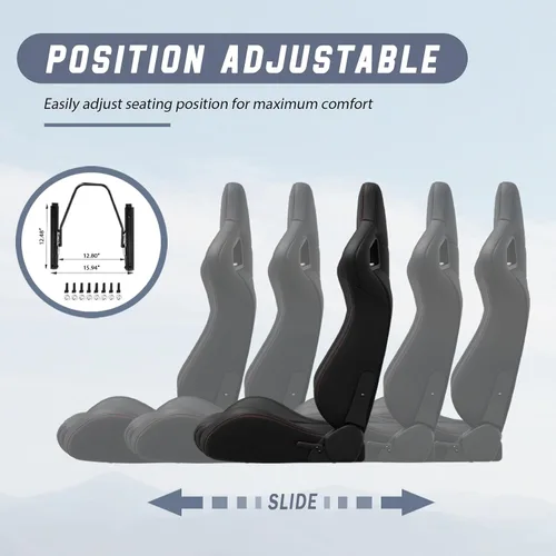 Miniatura 5 de 2 piezas de asientos universales de carreras con deslizadores de doble bloqueo, 1 par de asientos de cubo de cuero PVC con dos almohadas de Negro