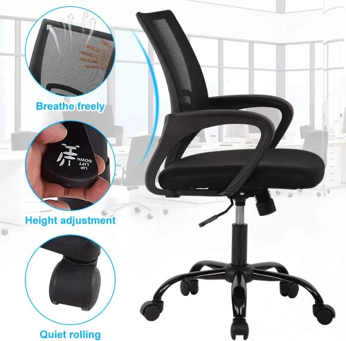 Miniatura 4 de Silla de oficina ergonómica de malla con respaldo medio, soporte lumbar, ajustable, giratoria, enrollable, silla de escritorio rosa con brazos