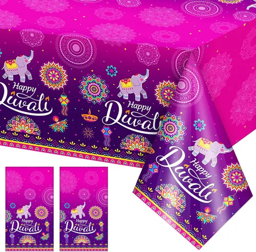 Miniatura 8 de Peryiter Happy Diwali Mantel desechable, mantel de plástico para mesas rectangulares, mantel Diwali para decoración de fiesta, celebración de luz