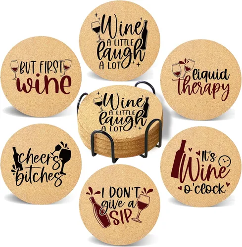 Miniatura 14 de Juego de 6 posavasos de café para bebidas con soporte, posavasos de madera de corcho absorbente para escritorio, mesa de oficina, decoración