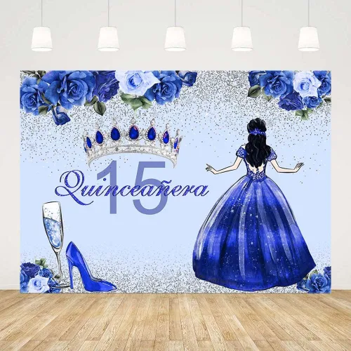 Miniatura 2 de Sendy Telón de fondo de quinceañera de 15 cumpleaños para niñas, vestido azul, corona de princesa, fondo de fotografía, flores azules y zapatos