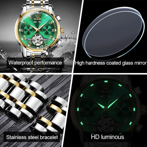 Miniatura 6 de OLEVS Relojes de cuerda automática para hombre vestido mecánico automático Tourbillon de acero inoxidable doble calendario impermeable luminoso