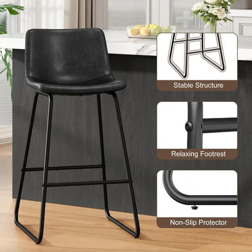 Miniatura 7 de REONEY Juego de 2 taburetes de bar de piel sintética de 26 pulgadas, taburetes de bar modernos con patas de metal y reposapiés, sillas urbanas sin