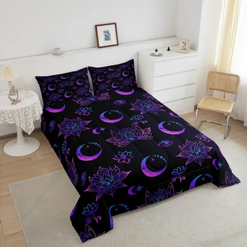 Miniatura 3 de Erosebridal Juego de ropa de cama bohemio con luna y loto bohemio, relleno de edredón negro de Fátima Hamsa, edredón hippie con ojos misteriosos