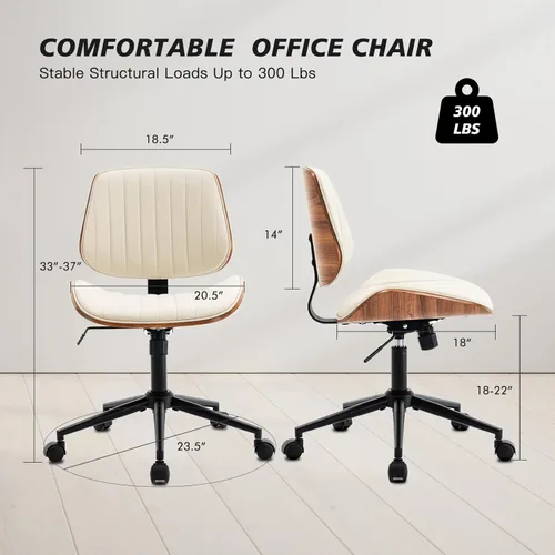Miniatura 2 de Silla de escritorio sin brazos con ruedas giratorias de 360°, silla de computadora ergonómica de altura ajustable para oficina en casa, piel Beige