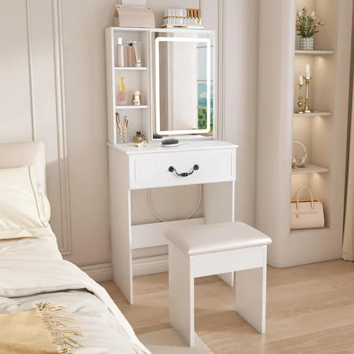 Miniatura 8 de Runboll Small Vanity Desk with Mirror and Lights, Makeup Vanity Table Set with Power Outlet, Drawer Storage, Stool, Adjustable LED Lighting