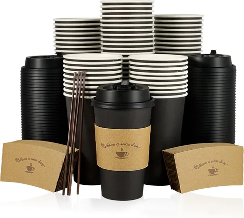 Miniatura 9 de LITOPAK Paquete de 50 tazas de café de papel de 20 onzas para bebidas de chocolate caliente, tazas de café desechables negras con tapas, fundas y 20