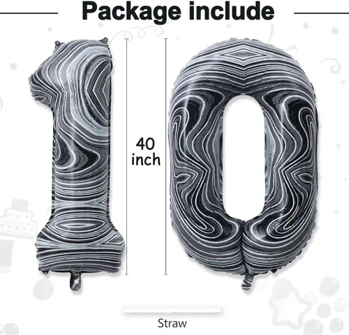 Miniatura 3 de Globos gigantes de papel de aluminio de mármol negro de 40 pulgadas, globos gigantes de helio número 10 para niños y niñas, decoraciones