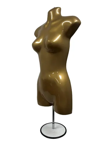 Miniatura 2 de Maniquí femenino dorado largo con soporte para vestido con forma de camiseta para mostrador de encimera, cuerpo hueco con poste de metal y gancho