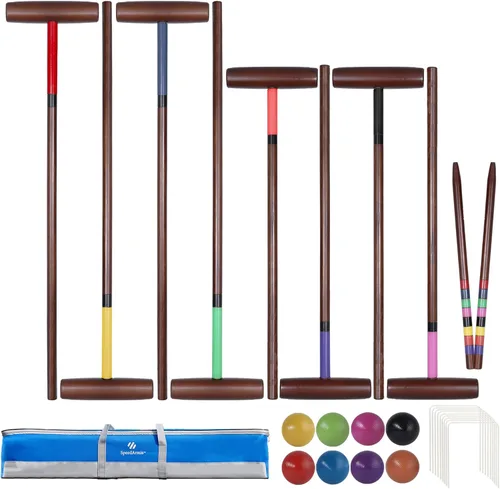 Miniatura 9 de SpeedArmis Juego de croquet de lujo para 8 jugadores con regulación de 32 pulgadas mazos de madera de goma de tamaño estándar de 28 pulgadas, bola
