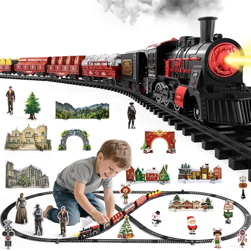NIPLOOOW Juego de tren para niños pequeños de 3 a 5 años, juguete de tren de aleación eléctrica con sonido realista, luces y humo para debajo del