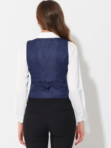 Miniatura 3 de Allegra K Chaleco de traje para mujer, chaleco vintage con botones jacquard steampunk