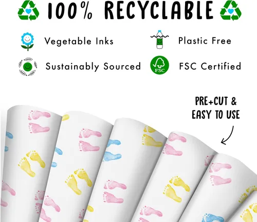 Miniatura 3 de CENTRAL 23 - Nuevo papel de regalo para bebé - 6 hojas de papel de regalo - Pies de bebé - para niñas o niños - Rosa azul y amarillo - Reciclable