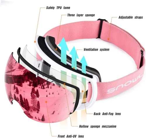 Miniatura 2 de Gafas de esquí para hombres y mujeres con protección UV, lente doble antivaho 09 W-rojo rosa