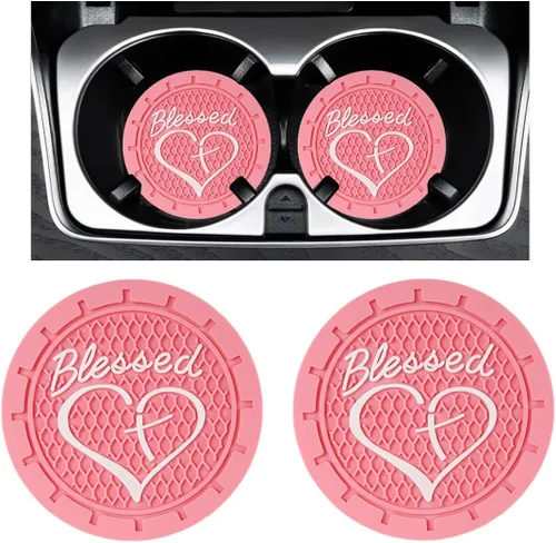 Miniatura 12 de Augeny 2PCS Posavasos para Portavasos de Coche, Posavasos de Inserción de PVC Antideslizantes, 2.76 Pulgadas Cruz Bendecida y Corazón Cristiano
