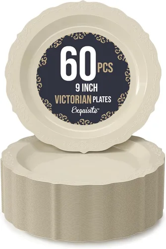 Miniatura 11 de SIZENAME - Platos de plástico desechables, diseño victoriano de calidad premium, color crema, para fiestas y bodas, 60