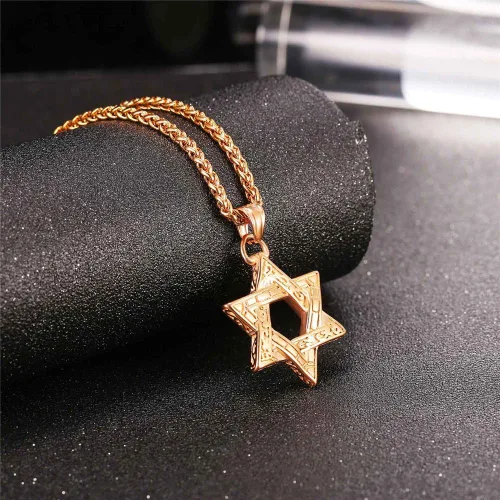 Miniatura 140 de U7 - Collar con Estrella de David para hombres y mujeres, dije hexagonal de acero inoxidable con cruz/piedra de rubí/collares clásicos judíos