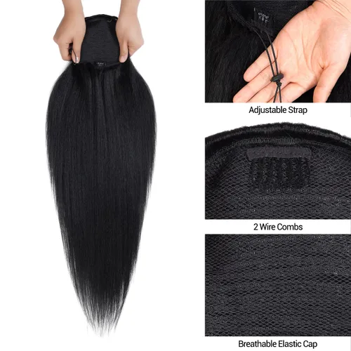 Miniatura 5 de GLAM21USA Extensión de cola de caballo Yaki recta de 24 pulgadas de largo con cordón para mujeres negras, extensión de cabello natural con clip