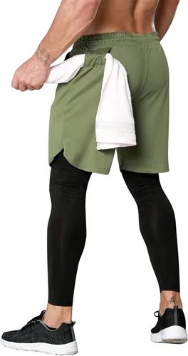 Miniatura 2 de OEBLD Pantalones deportivos 2 en 1 para hombre, de secado rápido, pantalones cortos de entrenamiento para gimnasio, pantalones de compresión