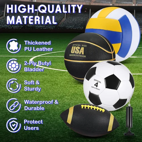 Miniatura 3 de HyDren Juego de 4 pelotas deportivas de tamaño oficial para baloncesto, balón de fútbol, voleibol, con bolsa de transporte y inflador, regalo