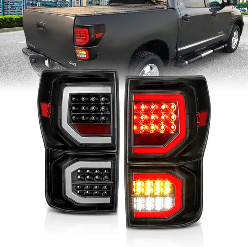 Miniatura 2 de AmeriLite para camioneta Toyota Tundra 2007-2013, cristal negro [Full LED] Faros traseros dobles tipo C de tubo de repuesto, lámpara de freno, par