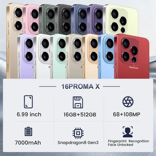 Miniatura 7 de 16 ProMa x Smartphone Desbloqueado Teléfono Celular, Pantalla HD de 6.99", Teléfono 5G, teléfono 12+512GB desbloqueado, Android 13.0, Cámara de Zoom