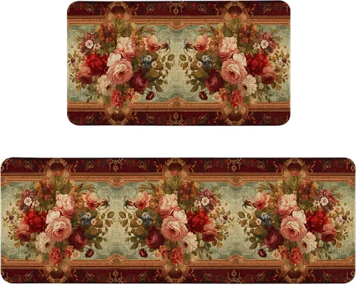 Miniatura 29 de Alfombras de Cocina Vintage Negras y Verdes Botánicas, Juego de 2 Alfombras de Cocina Antideslizantes Lavables, Tapetes de Cocina con Helechos