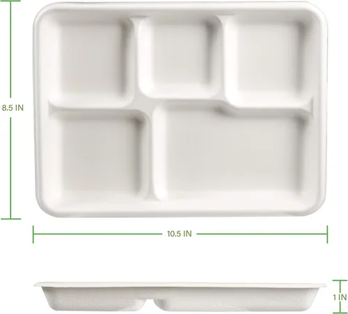 Miniatura 2 de Placa resistente de fibra de caña de azúcar 100% compostable, bandeja americana de 5 compartimentos, caja de 500