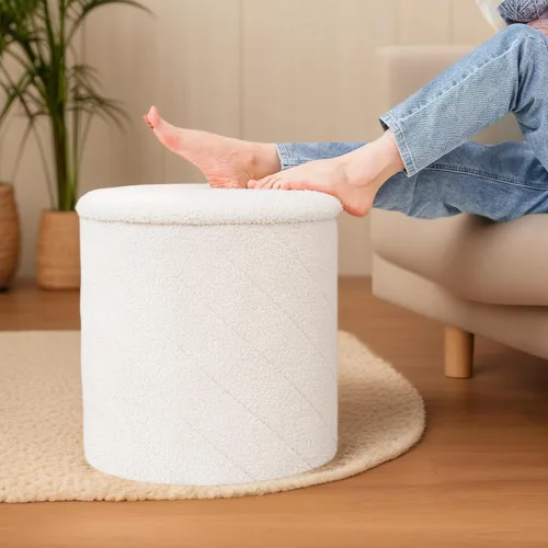 Miniatura 6 de B FSOBEIIALEO Otomana con almacenamiento, otomana redonda de bouclé con bandeja, taburete reposapiés para dormitorio, sala de estar blanca, Blanco