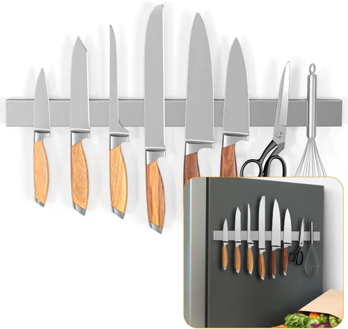 Ninonly Portacuchillos magnético de 20 pulgadas para refrigerador, tira magnética de acero inoxidable de doble cara para pared, sin perforaciones,